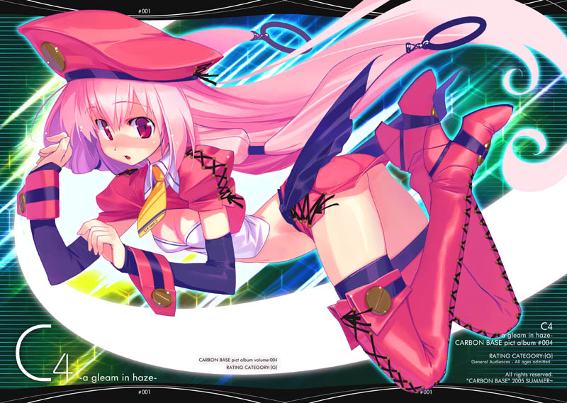 sumaki shungo, original, 1girl, arm warmers, beret, boots, cuffs, female focus, floating, hat, lace-up boots, long hair, pink hair, red boots, red eyes, red hat, solo, thigh boots, thighhighs, thighs, very long hair