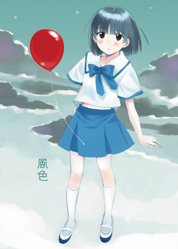 kazuto izumi, original, balloon, cloud, kneehighs, legs, pleated skirt, school uniform, serafuku, skirt, socks, solo, white socks