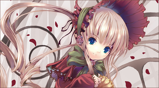 yamamoto nori, shinku, rozen maiden, 00s, 1girl, blonde hair, female focus, lolita fashion, petals, solo, wind
