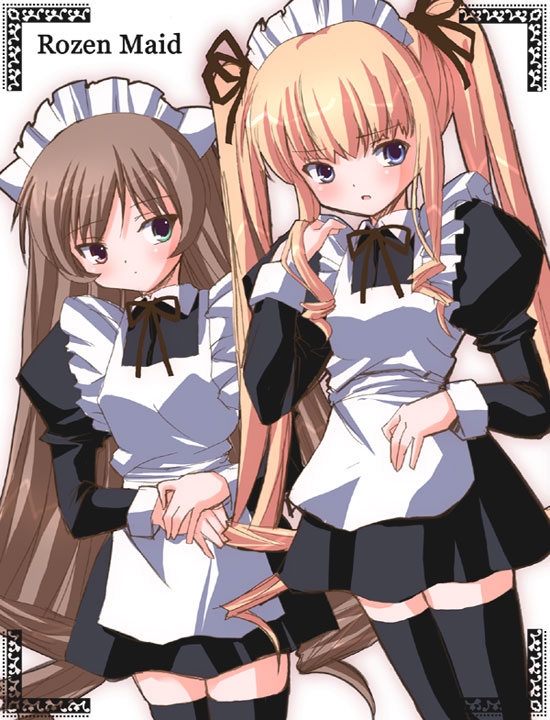 shinshin, shinku, suiseiseki, rozen maiden, 2girls, blonde hair, closed mouth, dot mouth, heterochromia, maid, multiple girls, parody, thighhighs