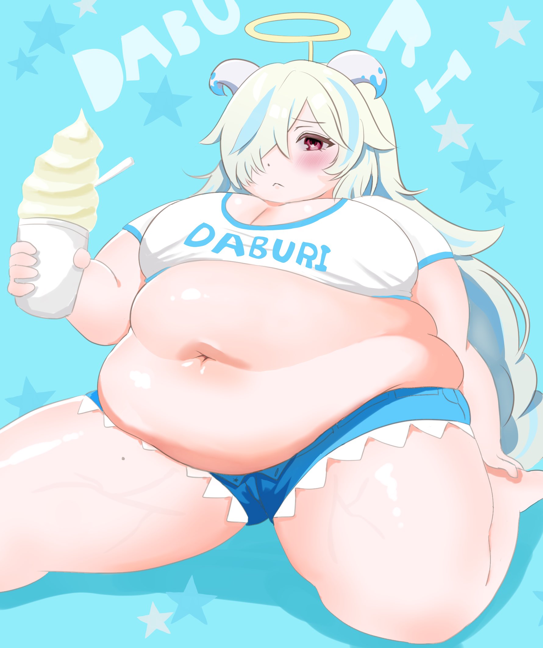 matsupuni, doubliel, mahjong fight girl, 1girl, belly, big belly, blue background, blue hair, blue shorts, blush, breasts, cleavage, crop top, fake halo, fat, fat rolls, fat woman, food, frown, green hair, hair over one eye, halo, holding food, holding ice cream, horns, ice cream, large breasts, long hair, mole, mole on thigh, muffin top, navel, obese, one eye covered, pink eyes, shirt, short shorts, shorts, sitting, solo, star (symbol), sweat, thick thighs, thighs, wariza, white shirt