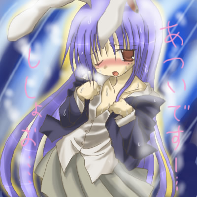 izumi yukiru, reisen udongein inaba, touhou, lowres, 1girl, ;o, animal ears, blazer, blush, collarbone, dress shirt, female focus, hot, jacket, long hair, looking at viewer, miniskirt, nose blush, one eye closed, open clothes, open shirt, orange eyes, pleated skirt, purple hair, rabbit ears, shirt, skirt, solo, sweat, unbuttoned, undressing, very long hair
