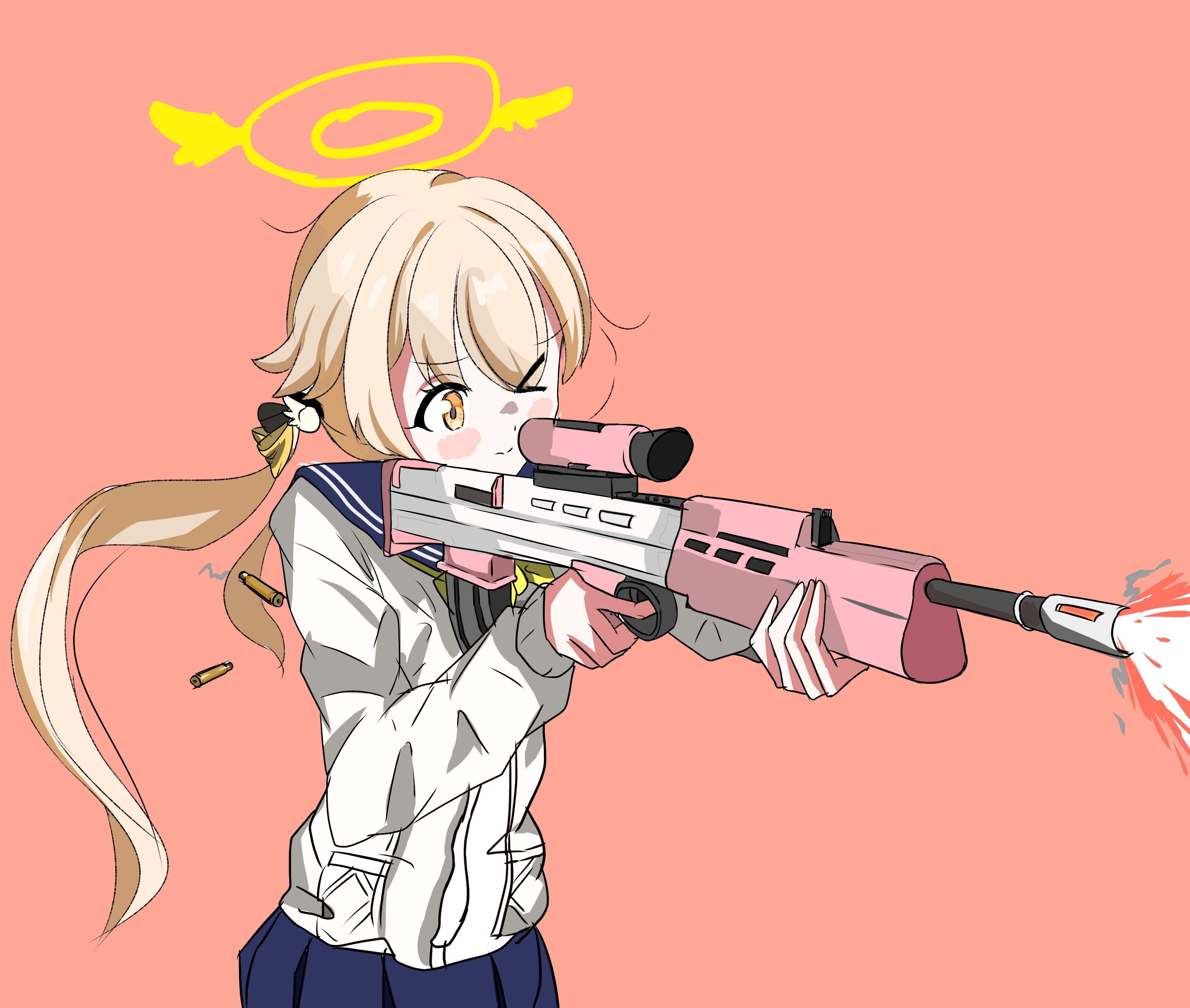hifumi (blue archive), blue archive, aiming, ar16, assault rifle, blonde hair, bullpup, casing ejection, firing, gun, hair ornament, halo, muzzle flash, orange eyes, rifle, school uniform, shell casing, skirt, twintails, weapon