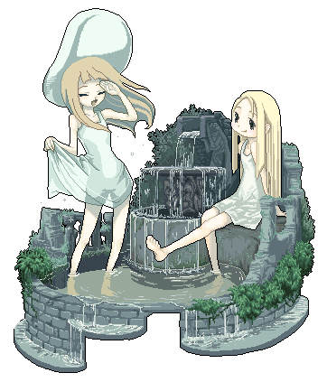 saiguchi otoufu, original, animated, animated gif, artist request, lowres, 2girls, barefoot, blonde hair, dress, faux figurine, garden, hat, long hair, multiple girls, pixel art, see-through silhouette, sitting, skirt hold, smile, soaking feet, standing, sundress, transparent background, wading, water, waterfall, white dress