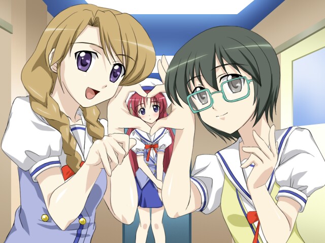 sanshita, shirakawa kotori, da capo, da capo i, 00s, 3girls, four-finger heart hands, glasses, heart, heart hands, heart hands duo, multiple girls