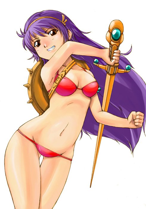 princess athena, athena (series), snk, the king of fighters, 1girl, bikini, brown eyes, female focus, long hair, purple hair, red bikini, shield, solo, swimsuit, sword, thighs, weapon