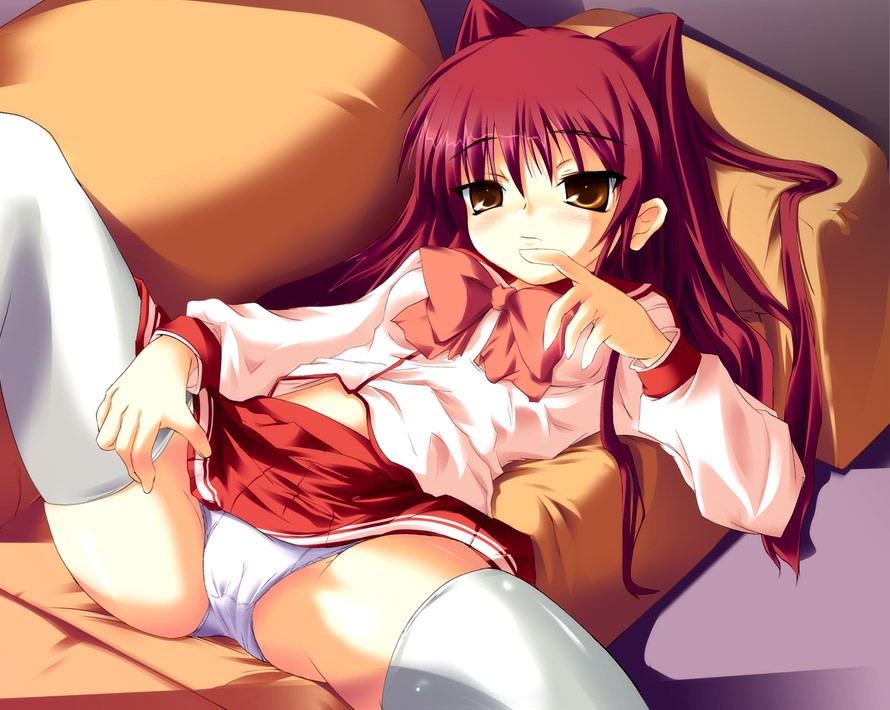 safi, kousaka tamaki, to heart (series), to heart 2, 00s, 1girl, blush, bow, brown eyes, female focus, lying, miniskirt, on back, panties, pink bow, red hair, school uniform, serafuku, skirt, solo, spread legs, thighhighs, underwear, white panties, white thighhighs