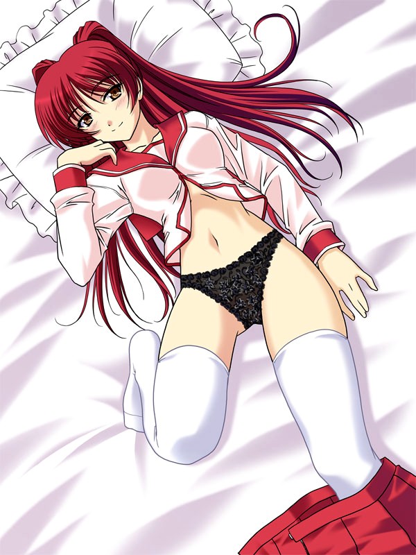 masakichi (crossroad), kousaka tamaki, to heart (series), to heart 2, 00s, 1girl, bed, black panties, blush, bottomless, brown eyes, female focus, frilled pillow, frills, lace, lace-trimmed panties, lace trim, lying, navel, no pants, on back, open clothes, open shirt, panties, pillow, pleated skirt, red hair, school uniform, serafuku, shirt, skirt, smile, solo, thighhighs, underwear, undressing, white thighhighs