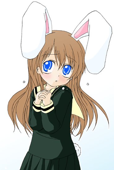 toudou shimako, maria-sama ga miteru, 00s, 1girl, :o, animal ears, blue eyes, brown hair, female focus, long hair, rabbit ears, rabbit tail, school uniform, simple background, solo, tail, white background