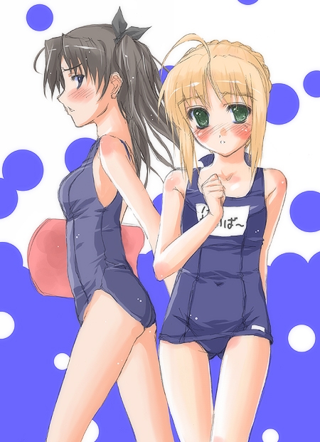shibusawa hayato, artoria pendragon (fate), saber (fate), tohsaka rin, fate/stay night, fate (series), 00s, 2girls, arm behind back, blonde hair, blue one-piece swimsuit, multiple girls, name tag, one-piece swimsuit, school swimsuit, swimsuit, two side up