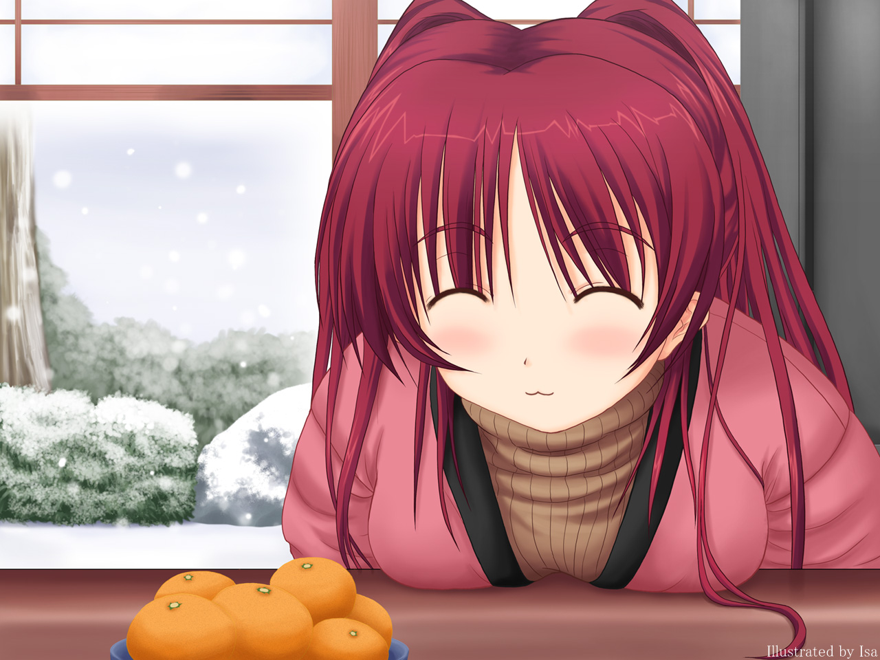 kousaka tamaki, to heart (series), to heart 2, 00s, 1girl, female focus, food, fruit, hanten (clothes), kotatsu, mandarin orange, orange (fruit), snow, snowing, solo, table, tree, window