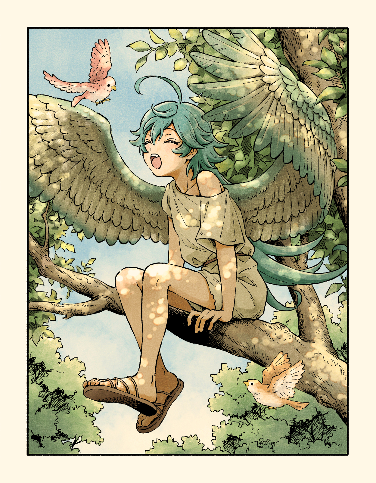hojo raika, ensemble stars!, highres, 1boy, ahoge, aqua hair, arms at sides, bare legs, bird, blue sky, border, brown sandals, closed eyes, dappled sunlight, day, feathered wings, foliage, foot dangle, full body, green wings, grey wings, hand rest, long hair, male focus, moi 658, on branch, open mouth, outdoors, sandals, single bare shoulder, single off shoulder, sitting, sitting on branch, sky, solo, sunlight, tree, tunic, very long hair, white border, wings, yawning