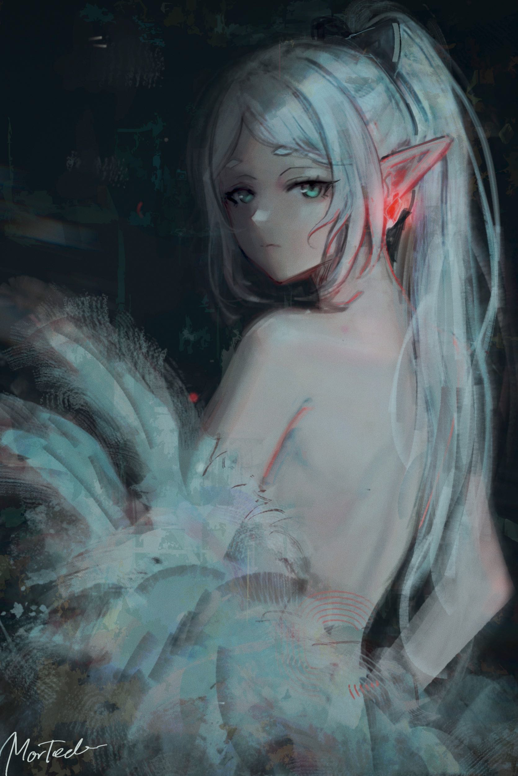 frieren, sousou no frieren, absurdres, commentary, highres, 1girl, alternate hairstyle, back, back focus, bare back, closed mouth, earrings, elf, from behind, green eyes, jewelry, long hair, looking at viewer, looking back, morted art, nude, painterly, pointy ears, ponytail, shoulder blades, signature, solo, teardrop earrings