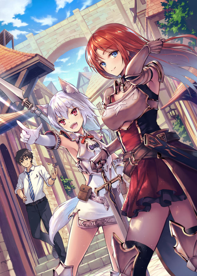 ouka (ra-raradan), commentary request, 1boy, 2girls, :d, aina (isekai de slow life wo), animal ears, armor, belt, black belt, black hair, black thighhighs, blue eyes, blue sky, breastplate, breasts, building, day, elbow gloves, gauntlets, gloves, greaves, grey hair, isekai de slow life wo (ganbou), long hair, looking at viewer, multiple girls, necktie, open mouth, outdoors, pants, pointing, pointing forward, polearm, red eyes, red hair, shinomiya itsuki, sky, smile, solte (isekai de slow life wo), spear, striped necktie, sword, tail, thighhighs, weapon, white gloves
