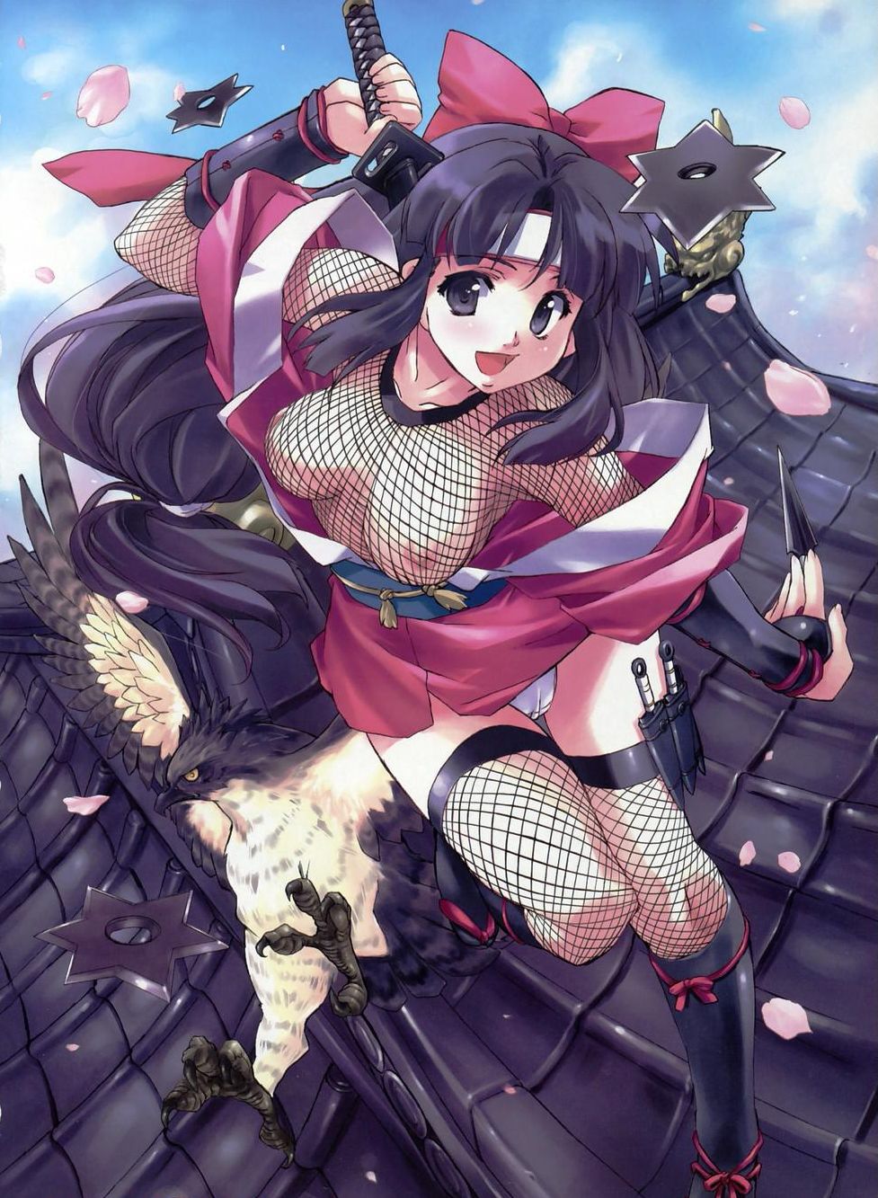 matsumoto noriyuki, onsokumaru, shinobu (ninin ga shinobuden), ninin ga shinobuden, highres, 00s, 1girl, armor, bird, black thighhighs, blunt bangs, bow, breasts, cameltoe, cherry blossoms, female focus, fishnet thighhighs, fishnet top, fishnets, hair bow, hairband, hawk, headband, japanese armor, japanese clothes, katana, kimono, kote, kunai, kurokote, large breasts, long hair, low-tied long hair, ninja, nipples, off shoulder, open clothes, open shirt, panties, pantyshot, petals, ponytail, purple eyes, purple hair, rooftop, shirt, short kimono, shuriken, smile, solo, sword, thigh gap, thighhighs, thighs, underwear, very long hair, weapon