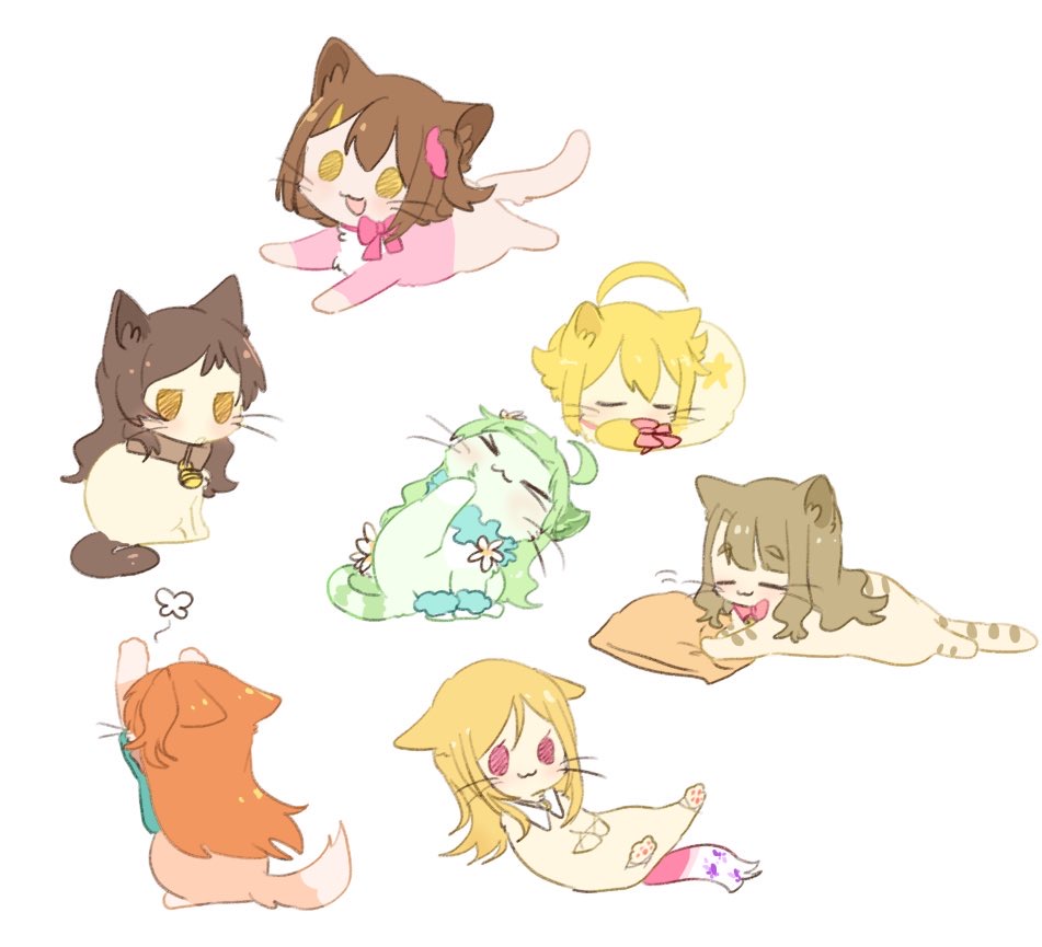 hutaba, ibuki tsubasa, kasuga mirai, kitazawa shiho, miyao miya, momose rio, ogami tamaki, shimabara elena, idolmaster, idolmaster million live!, > <, :3, ahoge, animal, animal collar, animal focus, animalization, bell, blonde hair, brown collar, brown eyes, brown hair, closed eyes, closed mouth, collar, green hair, long hair, neck bell, no humans, open mouth, orange hair, pink eyes, short hair, simple background, sitting, white background