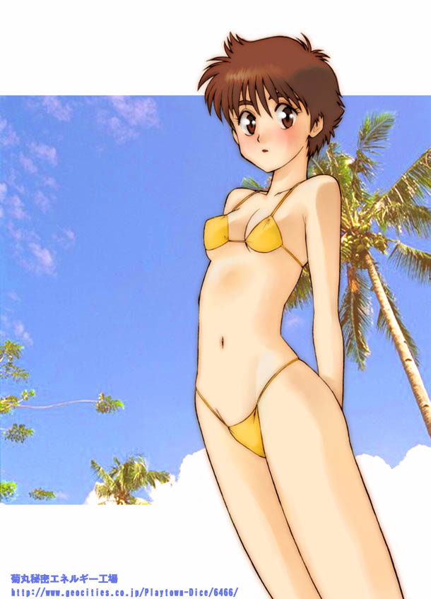 kikumaru bunta, izumi noa, kidou keisatsu patlabor, 1girl, bikini, blush, breasts, brown eyes, brown hair, cloud, cowboy shot, female focus, navel, outdoors, short hair, sky, solo, standing, swimsuit, tree, watermark, web address, yellow bikini