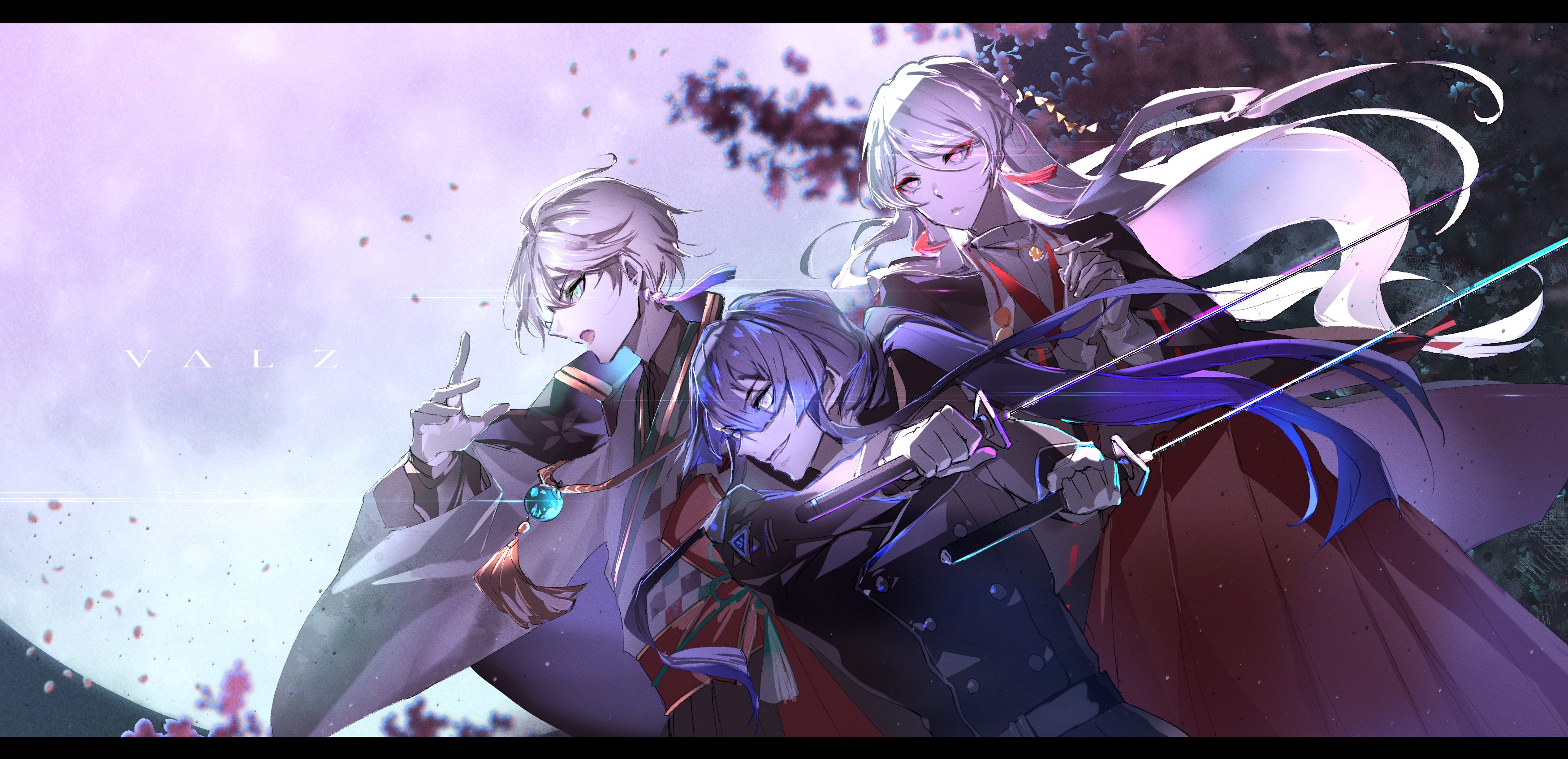 yuki no noji, genzuki toujirou, kaida haru, kaida haru (1st costume), nagao kei, nagao kei (1st costume), nijisanji, absurdres, highres, 3boys, aqua eyes, black border, black hakama, black jacket, black shirt, blunt ends, border, buttons, center-flap bangs, checkered clothes, checkered kimono, collared shirt, double-breasted, dual wielding, earrings, falling petals, feet out of frame, fighting stance, from side, full moon, genzuki toujirou (2nd costume), gloves, grey hair, grey kimono, group picture, hair between eyes, hair ornament, hair stick, hakama, hand up, haori, holding, holding sword, holding weapon, jacket, jacket on shoulders, japanese clothes, jewelry, katana, kimono, letterboxed, light particles, long hair, long sleeves, looking ahead, looking to the side, male focus, moon, multiple boys, open mouth, own hands clasped, own hands together, parted lips, petals, ponytail, purple eyes, purple hair, red eyes, red hakama, shirt, shirt under kimono, short hair, smile, sweater guard, sword, tassel, tassel earrings, tree, upper body, valz, virtual youtuber, weapon, white gloves, white kimono, white shirt