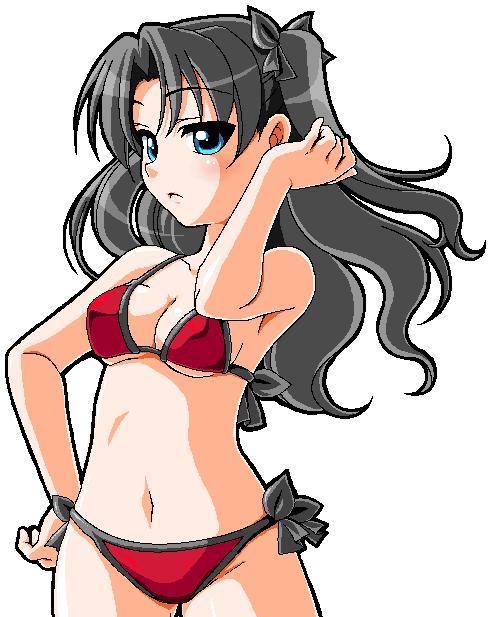 manjiduka, tohsaka rin, fate/stay night, fate (series), jpeg artifacts, 00s, 1girl, bikini, blue eyes, blush, breasts, cowboy shot, female focus, frown, grey hair, hand on own hip, long hair, medium breasts, oekaki, official alternate costume, red bikini, simple background, solo, swimsuit, two side up, white background