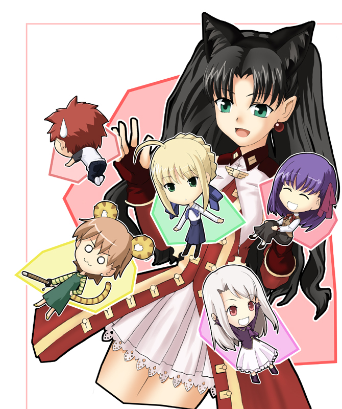 date (senpen), artoria pendragon (fate), emiya shirou, fujimura taiga, illyasviel von einzbern, kaleido ruby, matou sakura, saber (fate), tohsaka rin, toosaka rin, fate/stay night, fate (series), 00s, 1boy, 5girls, :3, ahoge, animal ears, apron, black hair, blonde hair, blue eyes, brown hair, cat ears, chibi, dress, earrings, elbow gloves, everyone, gloves, green eyes, hair ribbon, jewelry, long hair, magical girl, multiple girls, pantyhose, purple eyes, purple hair, raglan sleeves, red eyes, red hair, ribbon, short hair, skirt, sword, thighhighs, twintails, two side up, weapon, white hair