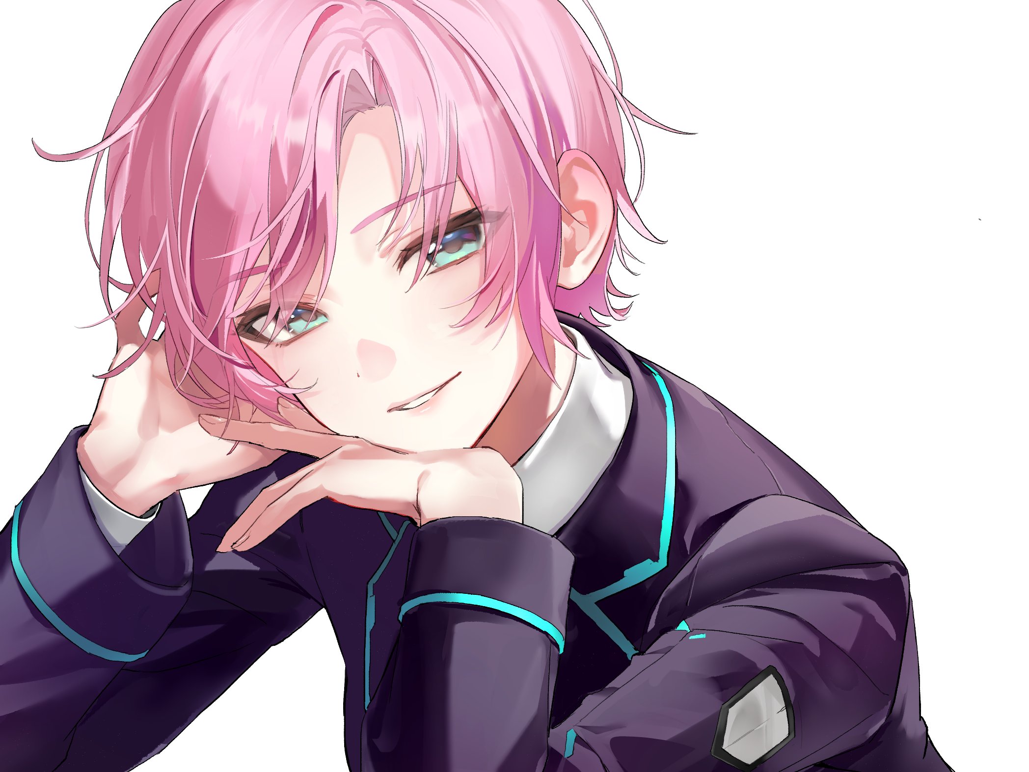 diveinmypoolz, yuuhi riri, yuuhi riri (1st costume), nijisanji, hashtag-only commentary, highres, 1girl, aqua eyes, asymmetrical bangs, curtained hair, hand in own hair, hand on own chin, hands up, head rest, head tilt, jacket, lips, long sleeves, looking at viewer, parted bangs, parted lips, pink hair, purple jacket, short hair, simple background, solo, upper body, virtual youtuber, white background