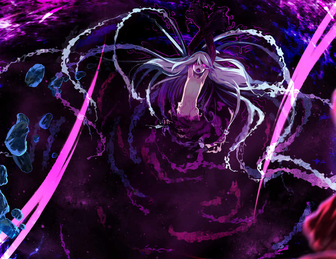 onono imoko, rance (series), rance 03, game cg, official art, 1girl, arms up, darkness, flat chest, floating hair, glowing, glowing eyes, jill (rance series), long hair, looking at viewer, monster girl, nude, open mouth, purple eyes, solo, very long hair
