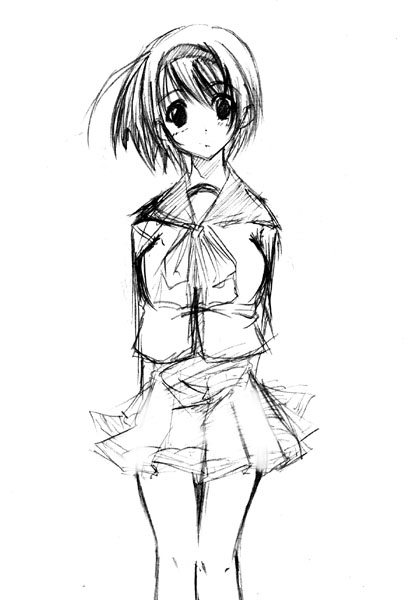 kagura tsukune, yoshioka chie, to heart (series), to heart 2, 00s, 1girl, female focus, greyscale, hairband, monochrome, pleated skirt, school uniform, serafuku, short hair, simple background, sketch, skirt, solo, white background