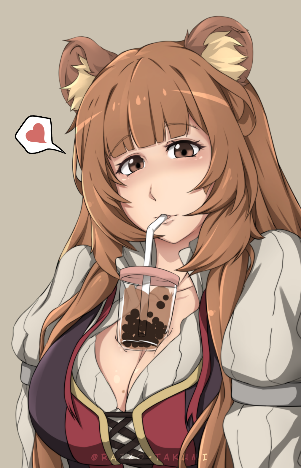 raizo takumi, raphtalia, tate no yuusha no nariagari, bilingual commentary, commentary, highres, mixed-language commentary, 1girl, alternate eye color, animal ears, black dress, blunt bangs, breasts, brown eyes, brown hair, bubble tea, bubble tea challenge, cleavage, dress, drinking, drinking straw, drinking straw in mouth, eyelashes, fluff, heart, large breasts, long hair, long sleeves, looking at viewer, meme, metal arm cuffs, object on breast, partially open dress, pinstripe dress, pinstripe pattern, portrait, raccoon ears, raccoon girl, red dress, sleeveless, sleeveless dress, solo, speech bubble, spoken heart, two-tone dress, white dress