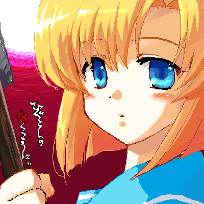 misaki juri, ryuuguu rena, higurashi no naku koro ni, lowres, 00s, 1girl, blonde hair, blue eyes, blush, copyright name, female focus, oekaki, pink background, portrait, short hair, solo