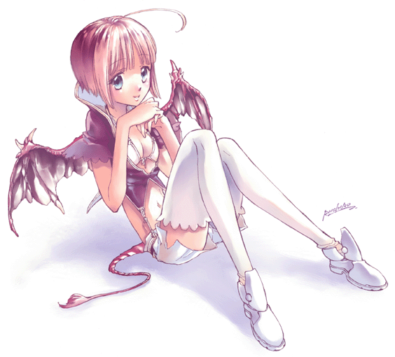 original, 1girl, ahoge, bat wings, blue eyes, boots, demon, fantasy, female focus, gradient background, knees together feet apart, short hair, short shorts, shorts, side slit, side slit shorts, simple background, solo, thighhighs, white background, white boots, white thighhighs, wings