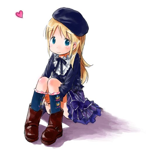 barasui, ana coppola, ichigo mashimaro, 1girl, beret, blonde hair, blue eyes, blue hat, blush, boots, brown boots, child, closed mouth, dot nose, dress, female focus, hat, heart (symbol), kneehighs, knees together feet apart, long hair, looking at viewer, simple background, sitting, smile, socks, solo, white background