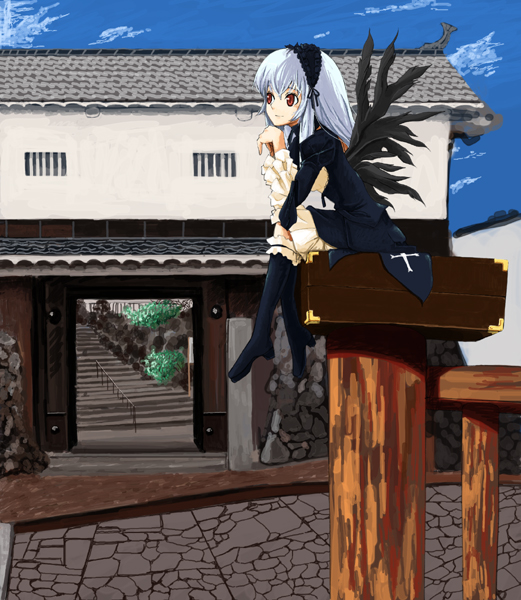 b-ginga, suigintou, rozen maiden, silver hair, 00s, 1girl, black wings, bloomers, boots, building, cobblestone, cross, crossed legs, day, female focus, frills, hairband, head rest, long hair, looking afar, outdoors, red eyes, road, sitting, smile, solo, street, suitcase, underwear, wings