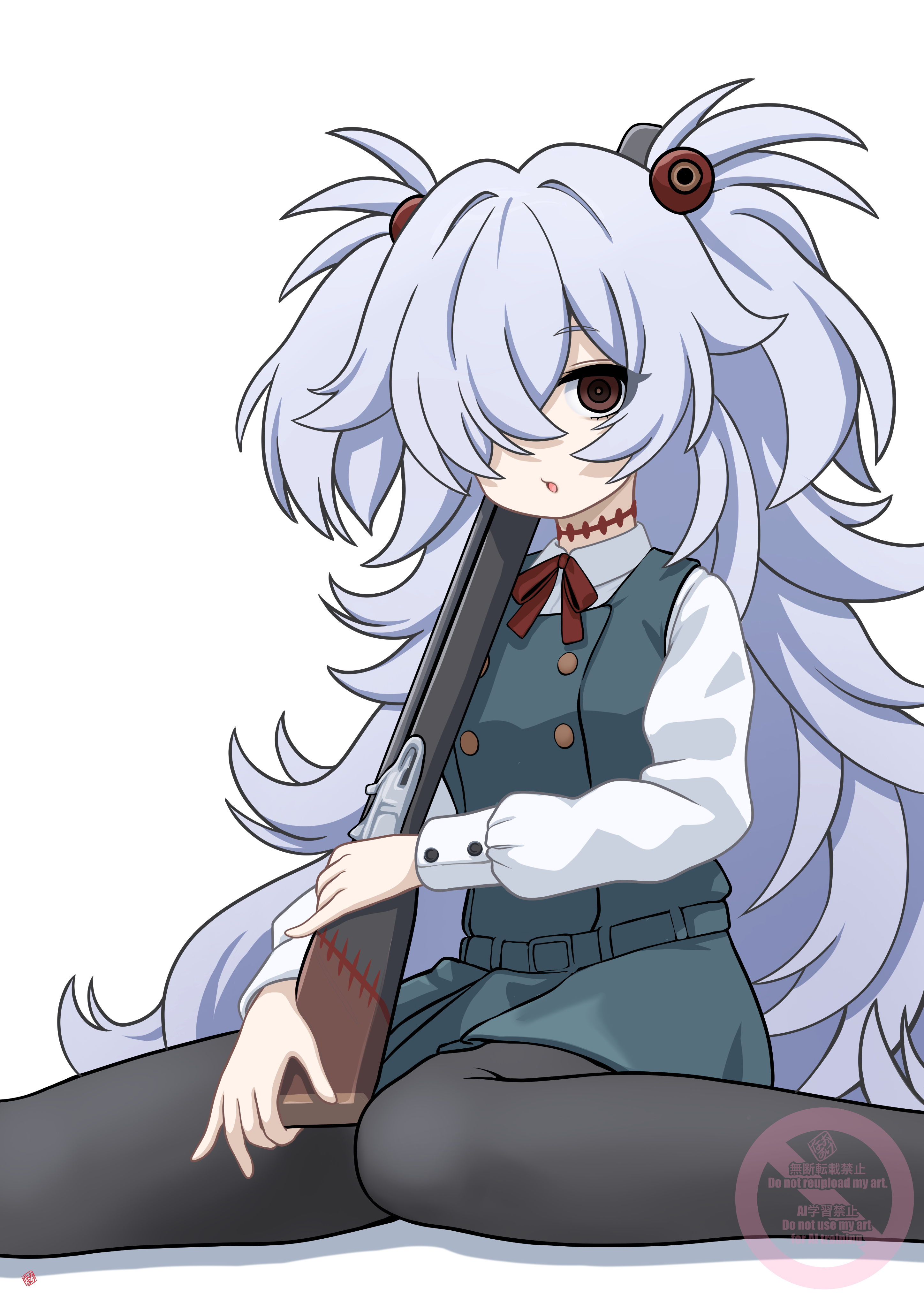 nao suke, kanoe (blue archive), blue archive, absurdres, commentary request, highres, partial commentary, 1girl, artistic error, black pantyhose, breasts, brown eyes, dress, grey dress, grey hair, gun, hair over one eye, long hair, long sleeves, looking at viewer, messy hair, neck ribbon, no halo, open mouth, pantyhose, pinafore dress, puffy long sleeves, puffy sleeves, red ribbon, ribbon, shirt, simple background, sitting, sleeveless, sleeveless dress, small breasts, solo, two side up, wariza, weapon, white background, white shirt