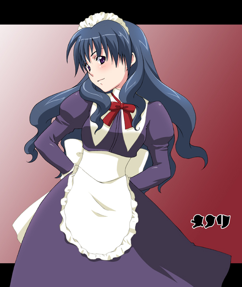 kuroo (project apricot), menori, menori visconti, madhouse, mujin wakusei survive, 00s, 1girl, alternate costume, apron, black hair, bow, bowtie, character name, dress, enmaided, female focus, juliet sleeves, letterboxed, long hair, long sleeves, maid, maid apron, maid headdress, puffy sleeves, purple dress, purple eyes, red background, smile, solo