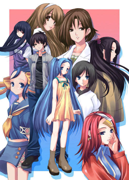 ichino, 1boy, 6+girls, arms at sides, black hair, black shirt, blouse, blue hair, blue serafuku, blue shirt, boots, brown hair, dress, high collar, long hair, miniskirt, multiple girls, neckerchief, ponytail, red hair, school uniform, serafuku, shirt, short hair, skirt, standing, twintails, very long hair, yellow neckerchief