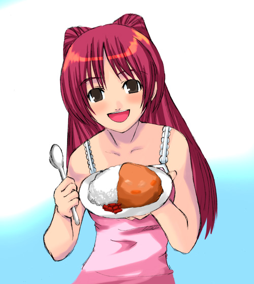 kinpunchan, kousaka tamaki, to heart (series), to heart 2, 00s, 1girl, :d, curry, female focus, food, holding, holding spoon, open mouth, smile, solo, spoon