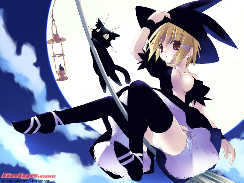 kannagi rei, galge.com, 1girl, 2005, animal, black thighhighs, blonde hair, broom, broom riding, cat, cloud, dress, female focus, flying, from below, full moon, hair ornament, hairclip, hat, lantern, lingerie, moon, panties, pantyshot, petticoat, red eyes, side-tie panties, sky, slit pupils, solo, straddling, thighhighs, underwear, upskirt, white panties, witch, witch hat