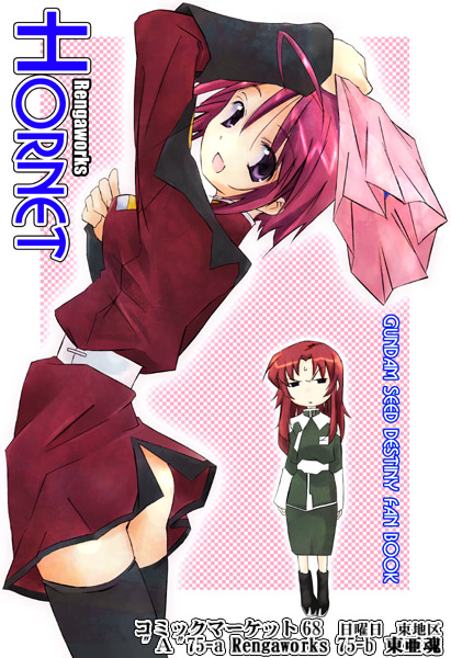 kijima renga, renga, lunamaria hawke, meyrin hawke, gundam, gundam seed, gundam seed destiny, 00s, purple eyes, red hair, siblings, sisters, thighhighs