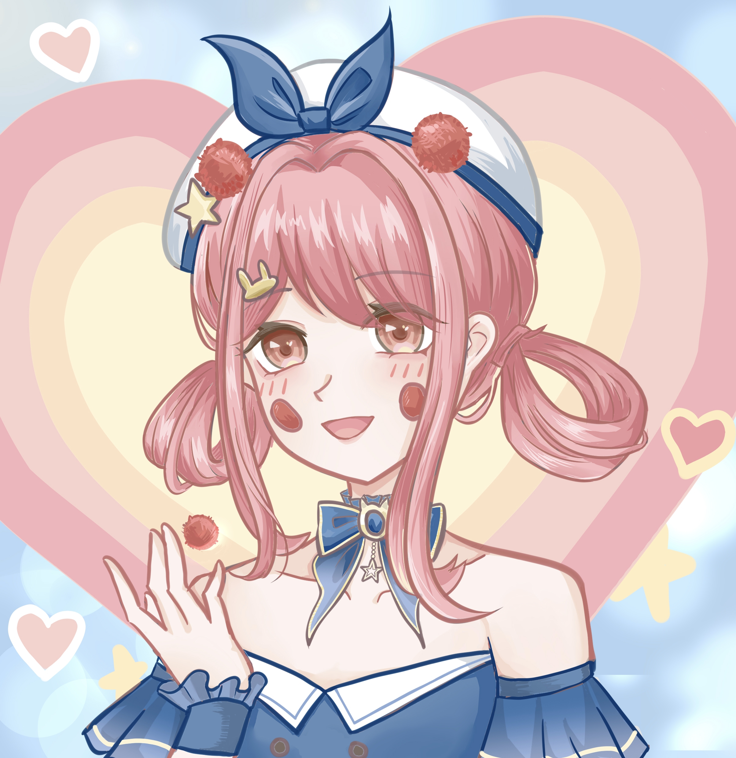 bubbly voyage (infinity nikki), nikki (nikki), infinity nikki, nikki (series), absurdres, highres, 1girl, bare shoulders, beret, blue bow, blue bowtie, blue brooch, blue choker, blue dress, blue sky, blue sleeves, blue wrist cuffs, blush stickers, bow, bow choker, bowtie, brooch, brown eyes, buttons, choker, cloud, collarbone, collared dress, day, detached sleeves, dress, eyelashes, eyes visible through hair, fanluoxingchen63912, frilled choker, frilled wrist cuffs, frills, hair ornament, happy, hat, hat bow, heart, heart background, jewelry, light blush, object floating above hand, open mouth, outdoors, pink hair, pleated sleeves, pointy nose, pom pom (clothes), pom pom hair ornament, short hair with long locks, short sleeves, sidelocks, sky, smile, solo, star (symbol), star choker, strapless, strapless dress, upper body, white hat, wrist cuffs