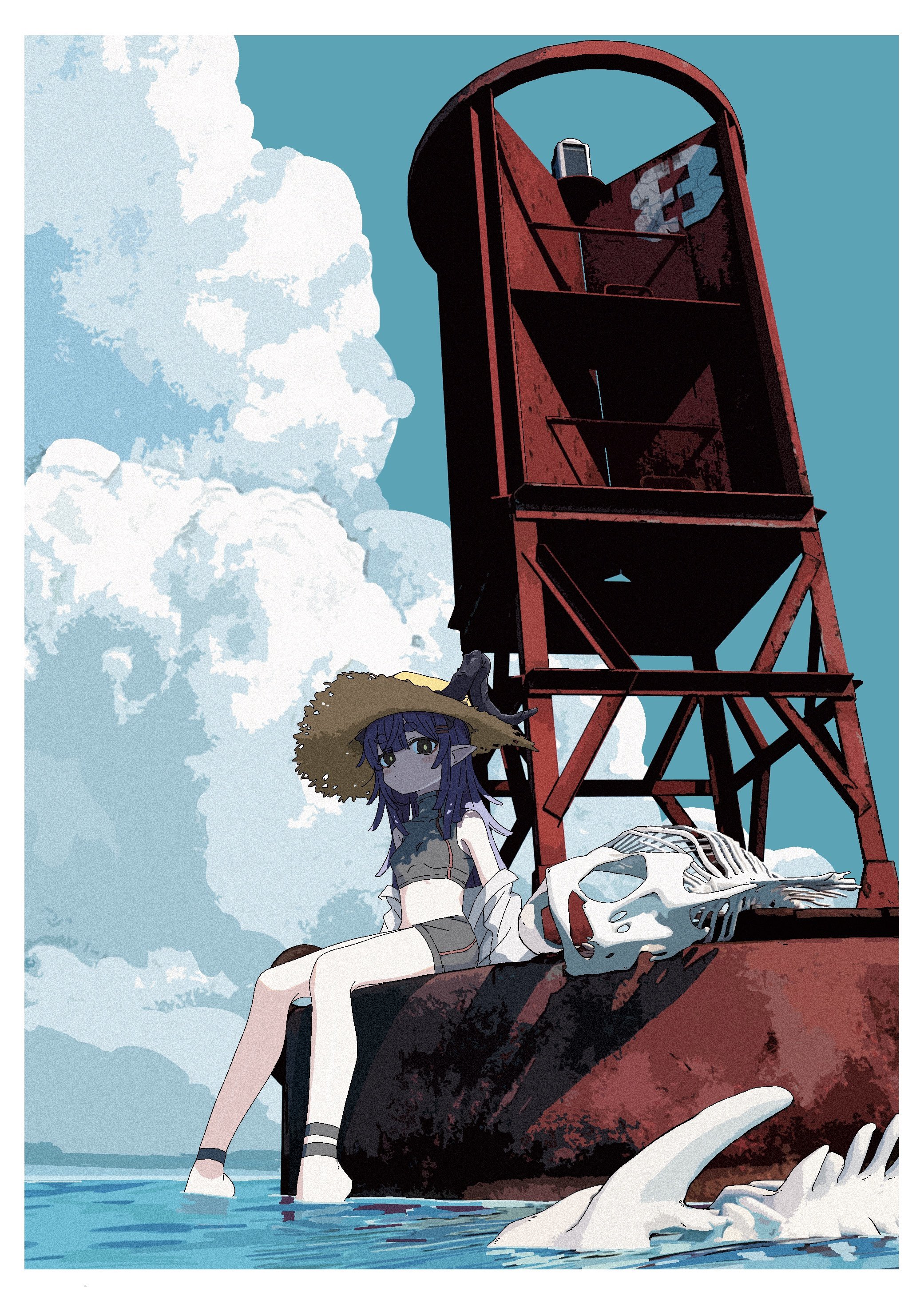 pusen (puuu sen555), original, absurdres, highres, 1girl, border, buoy, hat, horns, looking at viewer, pointy ears, purple hair, shirt, straw hat, white border, white shirt