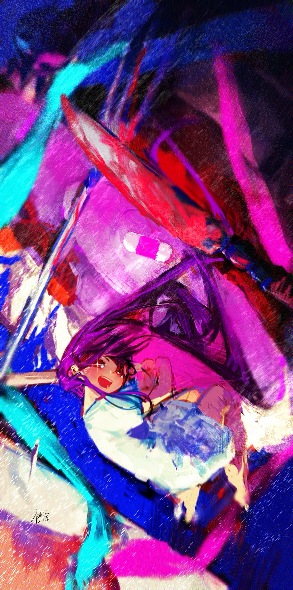 yihanmomo, aubrey (headspace) (omori), aubrey (omori), omori, highres, baseball bat, blue dress, curled up, dress, holding, holding baseball bat, long hair, looking at viewer, open mouth, purple eyes, purple hair, smile, sparkling eyes, swinging baseball bat