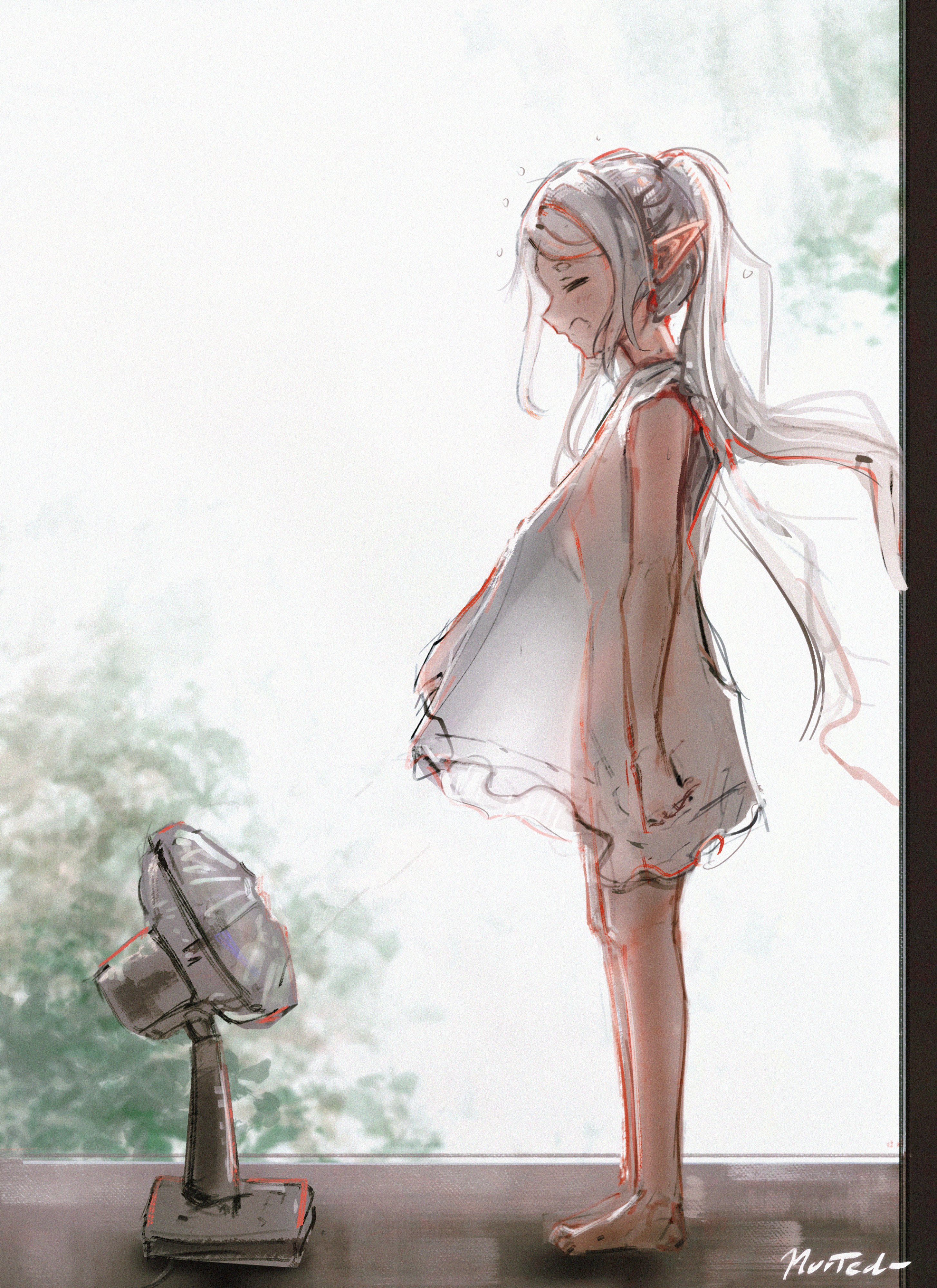 frieren, sousou no frieren, absurdres, commentary, highres, 1girl, alternate costume, barefoot, closed eyes, dress, earrings, electric fan, elf, fanning self, from side, full body, jewelry, long hair, morted art, open mouth, painterly, pointy ears, profile, see-through clothes, see-through dress, signature, sleepy, sleeveless, sleeveless dress, solo, standing, teardrop earrings, twintails, white dress, white hair, yawning