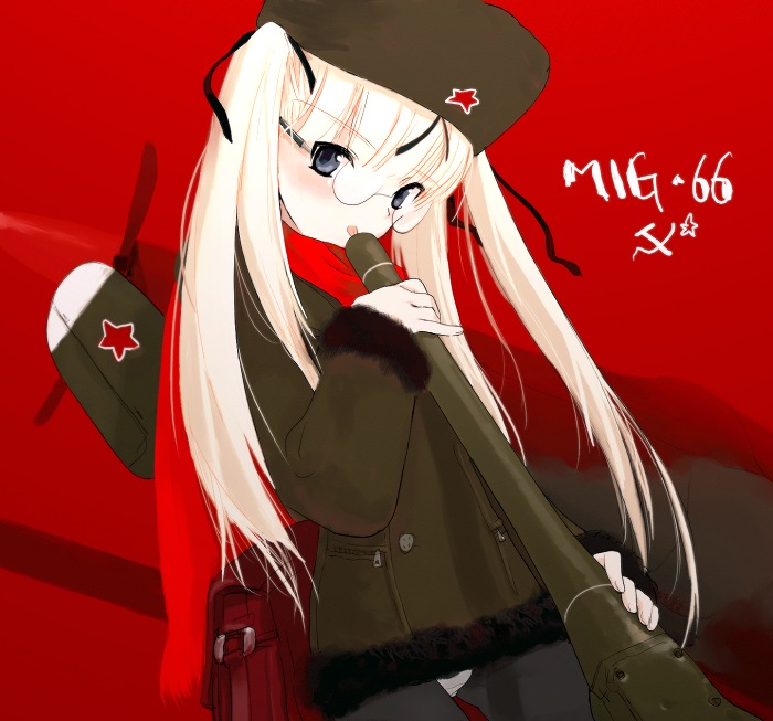 shimada fumikane, konami mecha musume, 1girl, aircraft, airplane, communism, female focus, glasses, hammer and sickle, mecha musume, mig66, military, personification, solo, soviet