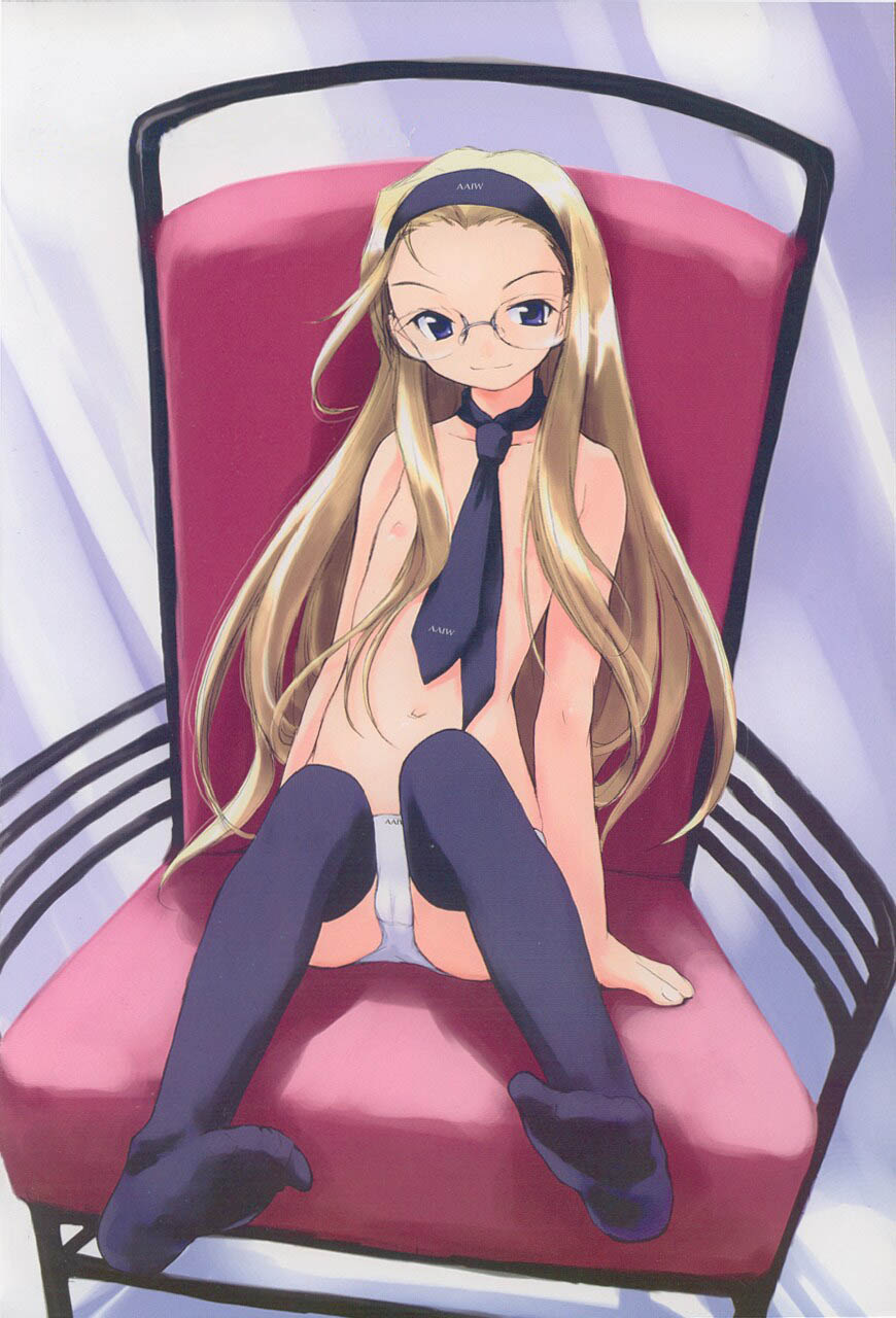 e=mc2 (mosimosi), highres, black thighhighs, blue eyes, brown hair, feet, flat chest, glasses, hairband, legs, loli, long hair, navel, necktie, nipples, panties, sitting, smile, solo, thighhighs, topless female, underwear, underwear only, white panties