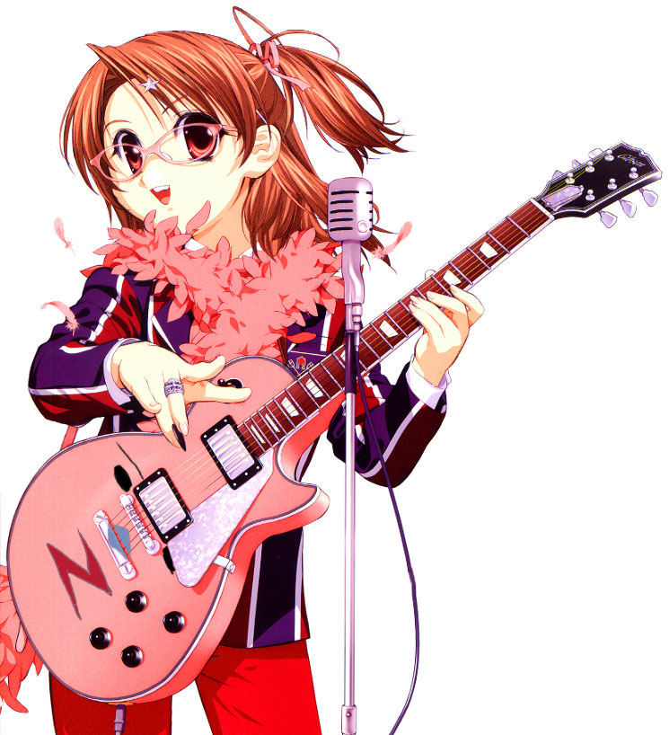 normad, yotsuba (sister princess), broccoli (company), galaxy angel, sister princess, 00s, 1girl, electric guitar, female focus, gibson les paul, glasses, guitar, instrument, solo, themed object