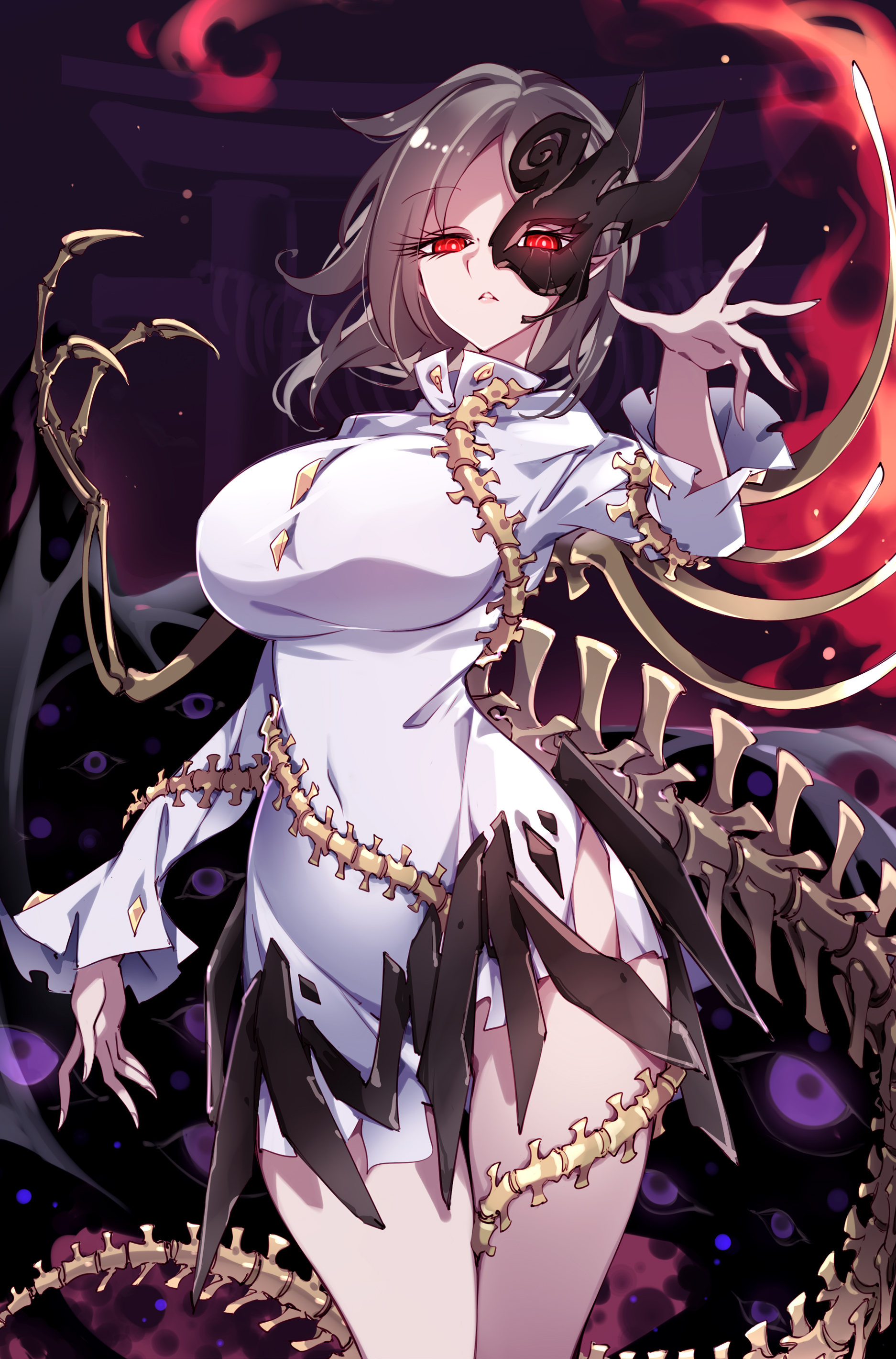 raptor7, iwanaga ariya, fossilized wonders, touhou, absurdres, highres, 1girl, breasts, brown hair, dress, half mask, looking at viewer, mask, pointy ears, red eyes, short hair, single wing, solo, white dress, wings