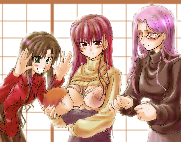 himura kiseki, emiya shirou, matou sakura, medusa (fate), medusa (rider) (fate), tohsaka rin, fate/stay night, fate (series), heavens feel, 00s, 1boy, 3girls, age difference, baby, blush, bra, breast slip, breast sucking, breastfeeding, breasts, brown hair, clothes lift, glasses, if they mated, indoors, large breasts, lingerie, long hair, multiple girls, one breast out, purple hair, shirt lift, smile, square pupils, sweater, underwear