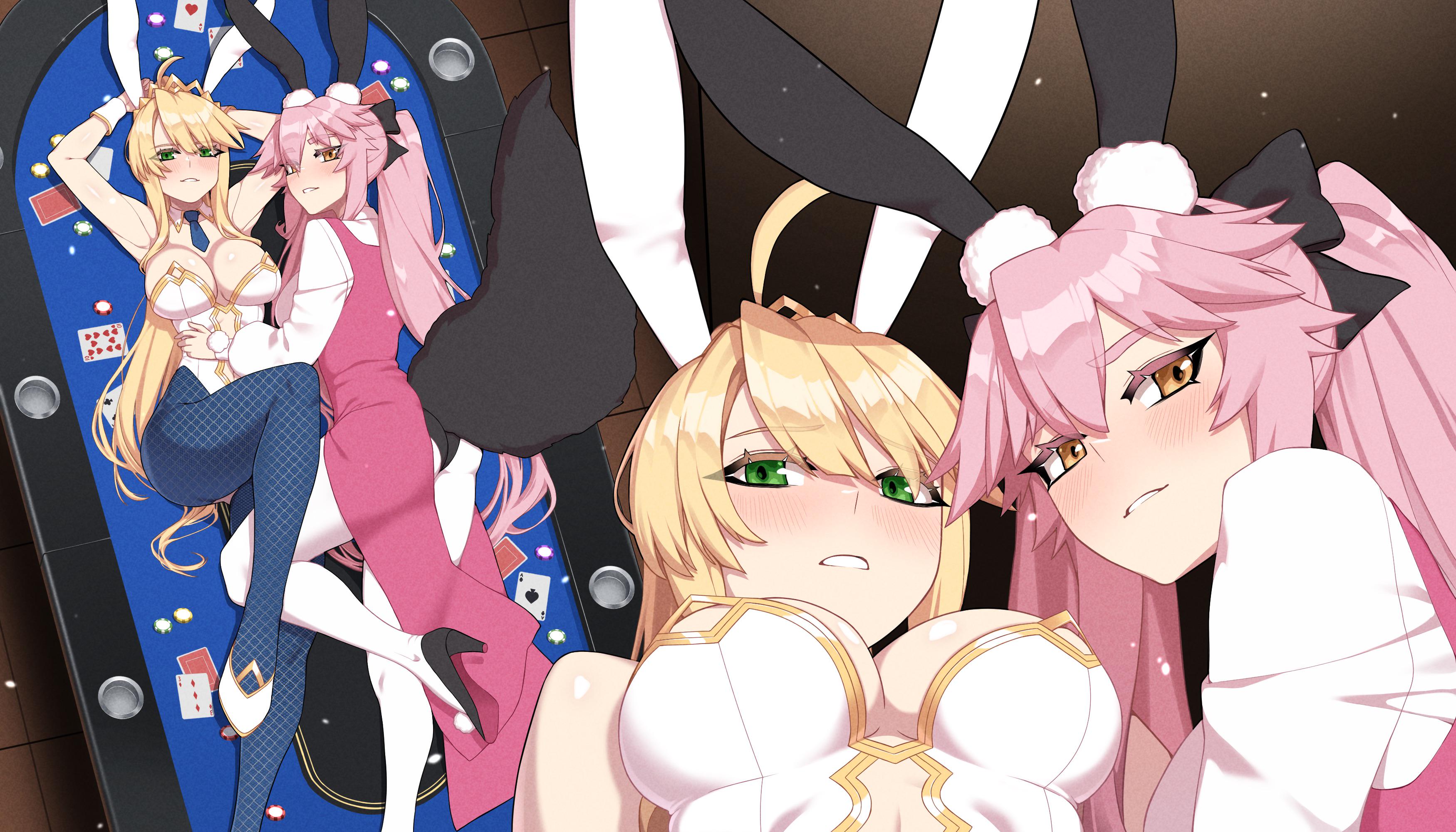 hyperbudd, artoria pendragon (fate), artoria pendragon (swimsuit ruler) (fate), artoria pendragon (swimsuit ruler) (first ascension) (fate), koyanskaya (assassin) (second ascension) (fate), koyanskaya (fate), tamamo (fate), fate/grand order, fate (series), absurdres, highres, 2girls, ahoge, animal ear fluff, animal ears, ass, bare shoulders, black bow, black gloves, blonde hair, blue pantyhose, blush, bow, braid, breasts, cleavage, clothing cutout, coattails, collared shirt, corset, detached collar, dress shirt, fishnet pantyhose, fishnets, fox tail, gloves, gold trim, green eyes, hair between eyes, hair bow, high heels, highleg, highleg leotard, large breasts, leotard, long hair, long sleeves, looking at viewer, multiple girls, multiple views, navel cutout, necktie, pantyhose, parted lips, pink hair, playboy bunny, ponytail, rabbit ears, shirt, sidelocks, tail, tiara, twintails, underbust, white leotard, white pantyhose, white shirt, wrist cuffs, yellow eyes