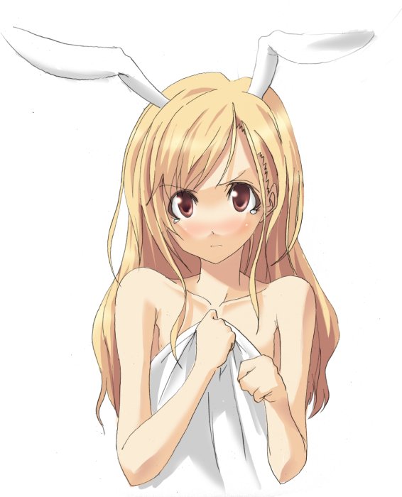 pipi (pixiv1020973), toudou shimako, maria-sama ga miteru, 00s, 1girl, angry, animal ears, blonde hair, crying, female focus, long hair, naked towel, rabbit ears, red eyes, solo, towel