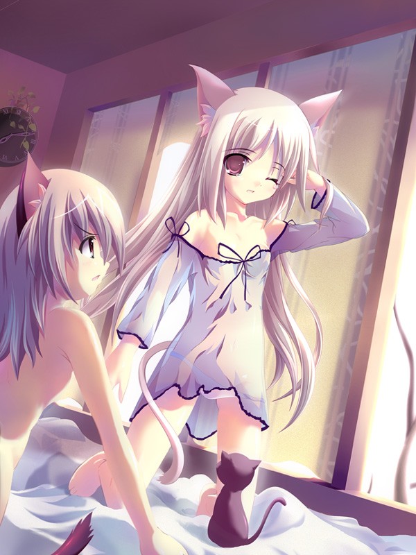 yamamoto nori, copyright request, duplicate, 2girls, animal, animal ears, bed, blonde hair, cat, cat ears, cat tail, lingerie, loli, long hair, multiple girls, nightgown, nude, one eye closed, see-through clothes, tail, underwear, wink
